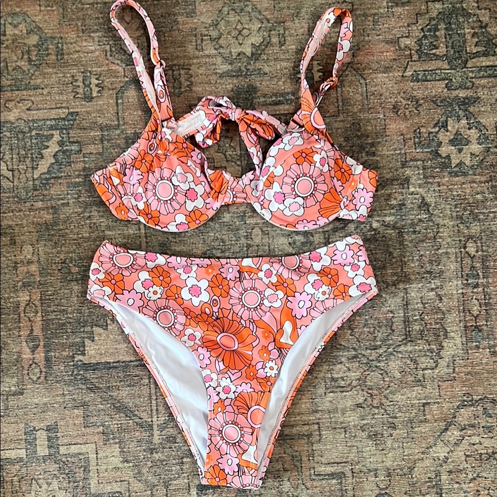 Floral Bikini Set in Orange and Pink